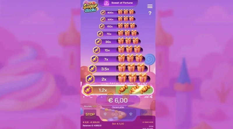 Sugar Stacks - वर्तमान मंजिल और मल्टीप्लायर काउंटर को उजागर करने वाला एक जीतने वाला कदम